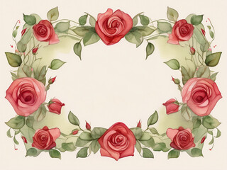Naklejka premium Symmetric frame of watercolour roses around a cream background. Vintage style. Romantic card or label.