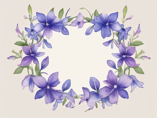 wreath of Blue-Eyed Grass flowers with small leaves. Watercolour over beige background.