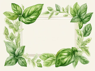 Fototapeta premium Watercolour background illustration of vibrant basil leaves framing the edges of the image. Vintage art style.