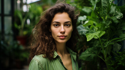 a woman explores an urban garden, her fascinated expression and the lush greenery around her symbolizing the coexistence of nature and the built environment