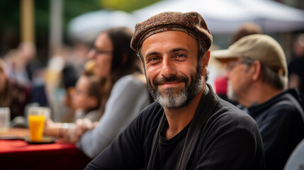 a man engages in a lively discussion at an outdoor food festival, his animated expression and the array of international cuisines capturing the festive spirit