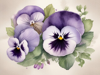 Gorgeous watercolor illustration of purple Violas