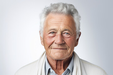 Imagen frontal de hombre mayor con sonrisa serena sobre fondo neutro. Copy space. - obrazy, fototapety, plakaty