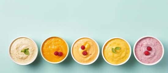 Colorful background with nutritious baby food in bowls with copyspace for text - obrazy, fototapety, plakaty