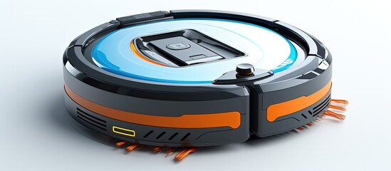 Robotic vacuum cleaner charging in white isolation through with copyspace for text