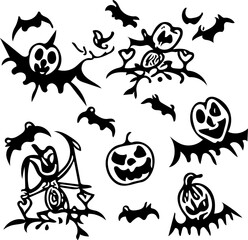 Black and white Halloween festival vector illustration with pumpkins and bats