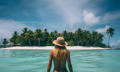 Girl in a hat in the blue water of the ocean in front of an island with palm trees and white sand. - obrazy, fototapety, plakaty