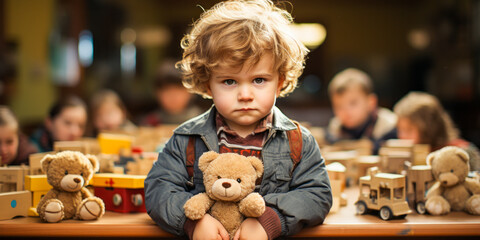 Emotion-filled image of an angry kindergarten child stubbornly refusing to share toys. - obrazy, fototapety, plakaty