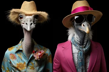 Keuken spatwand met foto Two ostriches in straw hats and colorful clothes. Anthropomorphism. Humanised animals concept. © volga