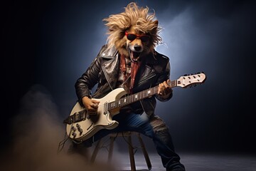 A rocker dog in a black leather jacket plays an electric guitar. Anthropomorphism. Humanised animals concept. - obrazy, fototapety, plakaty