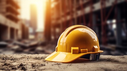 Helmet at construction site, construction site worker background