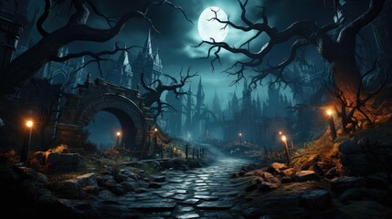 Background for Halloween old gothic castle Haunted mansion on a scary night - obrazy, fototapety, plakaty