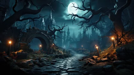 Fototapeten Background for Halloween old gothic castle Haunted mansion on a scary night © Chaiwiwat