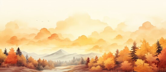 Vivid artwork depicts autumn forest from above with warm sunset hues with copyspace for text