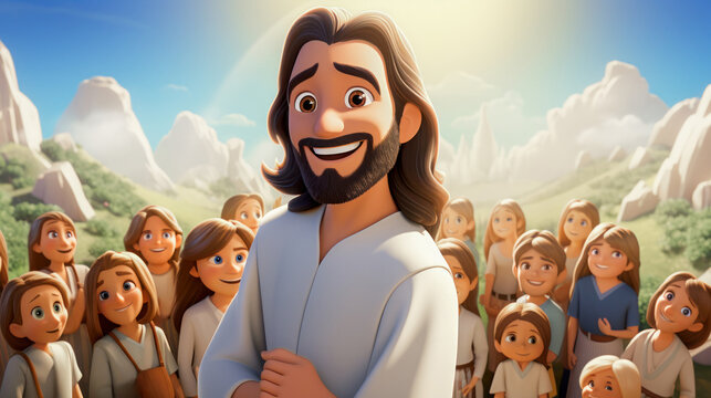 Childrens illustration cartoon of Jesus Christ with many children around Him Generative AI