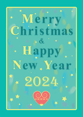 A festive retro greeting card celebrating Christmas and the new year 2024. The text is blue, the number is yellow, and the heart is red. The background is green with stars and watercolor blurs. Perfec