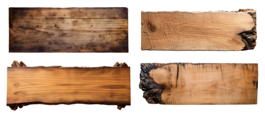Blank empty wooden rustic signage sign board plank wood on transparent background cutout, PNG file. Many assorted different Mockup template for artwork design.	
