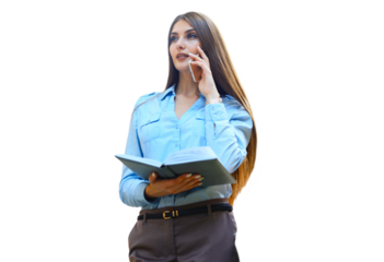 Young smiling business woman talking by phone, holding diary on a transparent background