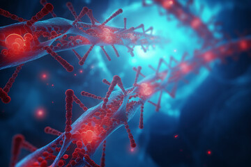 a 3d virus is shown in a blue background