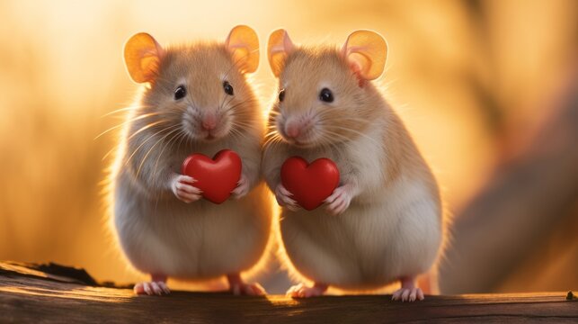 Two mice in love hold hearts in their hands