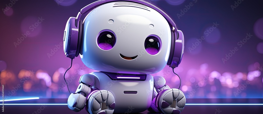 Aufkleber error screen on cute robot isolated over purple background with copyspace for text