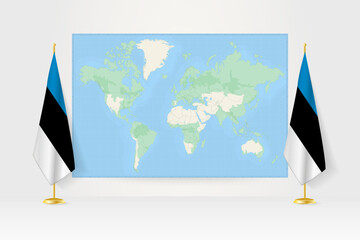 World Map between two hanging flags of Estonia flag stand.