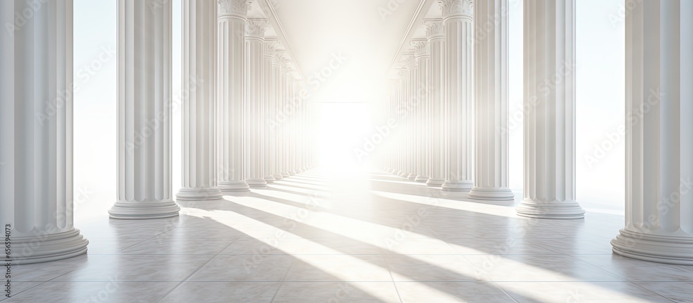 Poster sunlight filters through pillars in a lengthy bright hallway with copyspace for text