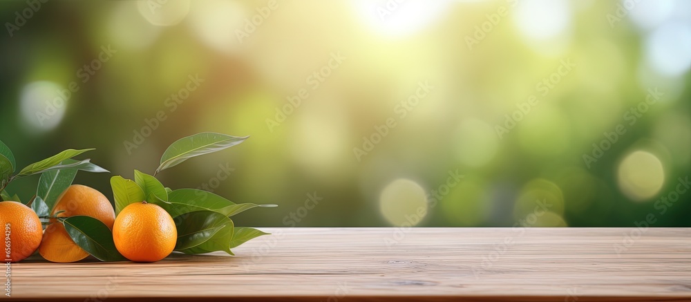Poster wooden table with blurred orange garden background suitable for product display or visual design wit