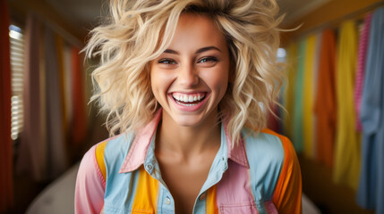 Fototapeta premium Cheerful young blonde woman, laughing while painting in her vibrant apartment.