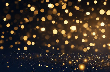 Fototapeta na wymiar Golden particles on a dark blue bokeh abstract background. Christmas Golden light shining particles