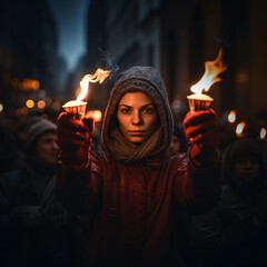A woman wearing a hood at night carrying two burning torches - obrazy, fototapety, plakaty