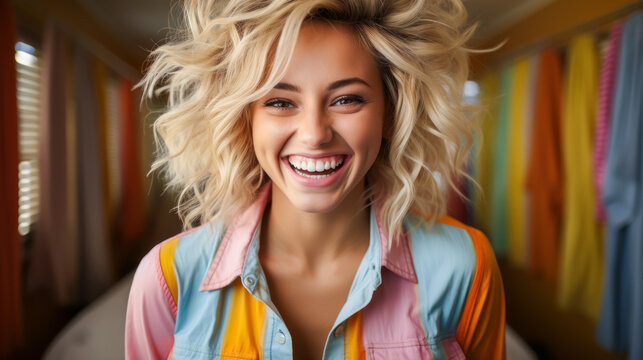 Cheerful young blonde woman, laughing while painting in her vibrant apartment.