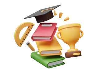 3d floating book stack, trophy graduation hat, ruler and pencil, illustration of graduation, school and education