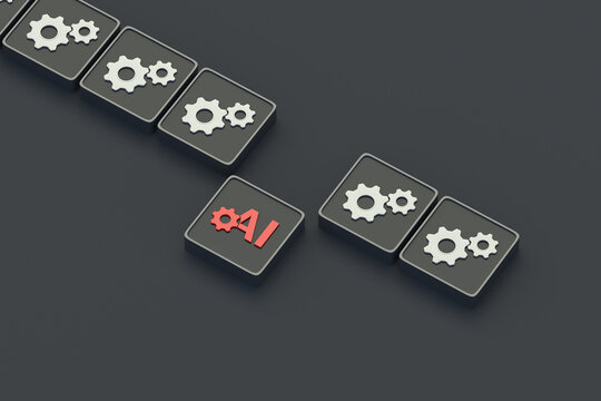 Cogwheel and ai symbols on buttons. Error in introducing artificial intelligence. Deterioration in production quality. Bad digital technology. Low quality innovative technologies. 3d render