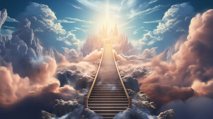 Stairs to heaven heading up to skies, bright light from heaven door, Concept art, Epic light,Background illustration of stairs on the way to heaven,The way to success concept stair on the cloud - obrazy, fototapety, plakaty
