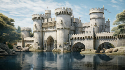 A white and gold painting of a castle with a drawbridge and a moat - obrazy, fototapety, plakaty