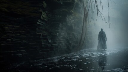 An atmospheric and spooky scene depicting a ghostly figure.