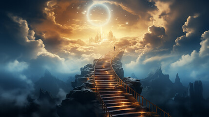 Stairway through the clouds to the heavenly light. Stairway to heaven - obrazy, fototapety, plakaty