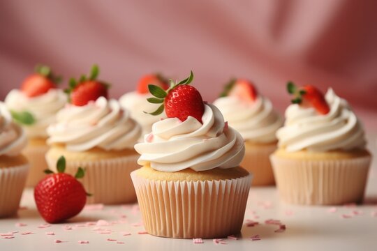 Photo of delicious cupcakes with fresh strawberries and creamy white frosting created with Generative AI technology