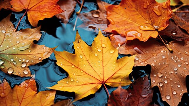 Image of colorful autumn leaves covered with raindrops.