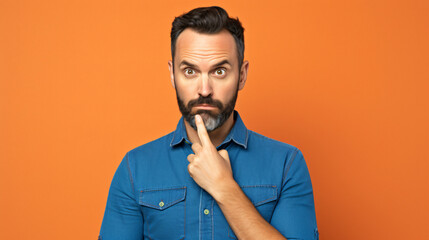 Serious mid adult man dressed in blue denim shirt with finger on chin while standing isolated on orange background - obrazy, fototapety, plakaty