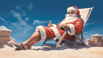 santa claus relaxing on a deckchair in the sun on a desert island, very sunny. generative ai