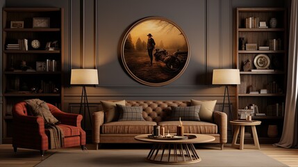 country style living room mockup, 3d render