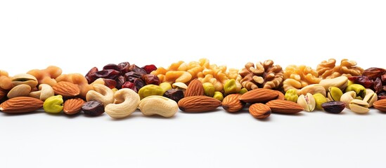 Variety of nuts and dried fruits including almonds cashews pistachios and raisins on a white...