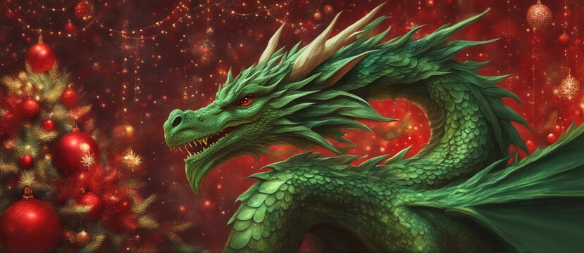 New Year's dragon with Christmas gifts. Generative AI.