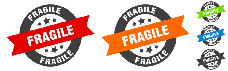 fragile stamp. fragile round ribbon sticker. tag