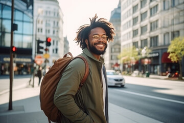 portrait of stylish young african man walking on a sunny day, wearing backpack in the city