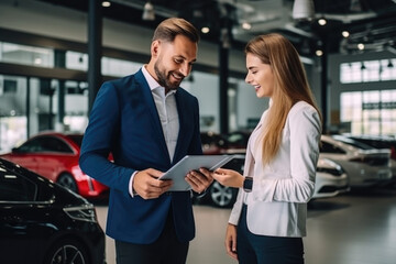 Female handsome shop assistant showing explaining to a male client customer car options information on digital tablet before buying choosing new car auto