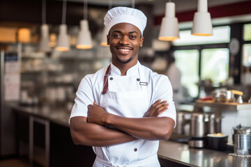 African young male chef in a chef's hat with arms crossed wears apron standing in restaurant kitchen and smiling