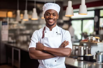 Fotobehang African young male chef in a chef's hat with arms crossed wears apron standing in restaurant kitchen and smiling © ty